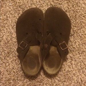 brown Birkenstock clogs, shoes